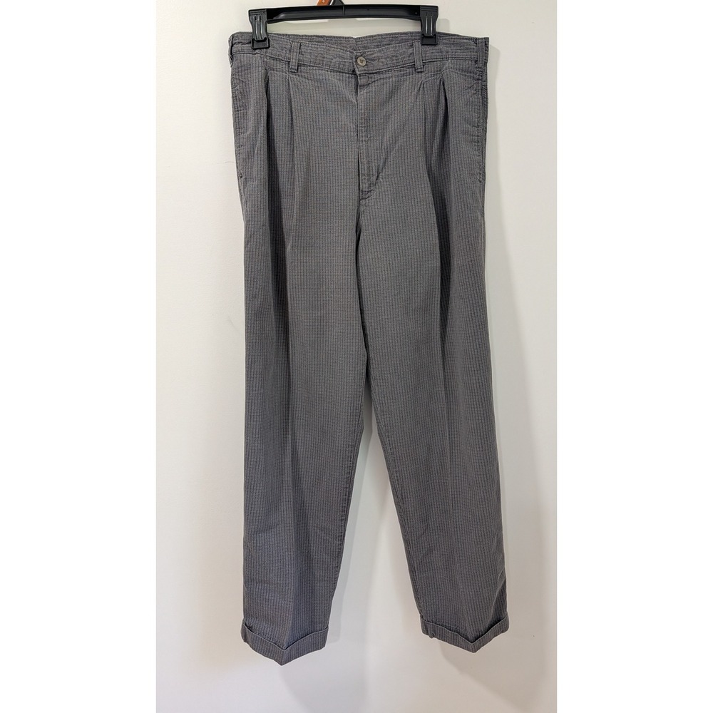 Vintage Dockers Gray Pleated Cuffed Trousers Mens Relaxed Fit Micro Check Pant